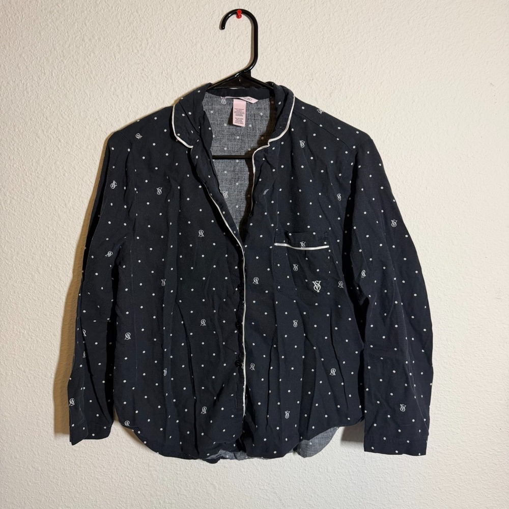 Victoria's Secret Flannel Pajama Shirt Womens XS Black Polka Dot‎ Long Sleeve